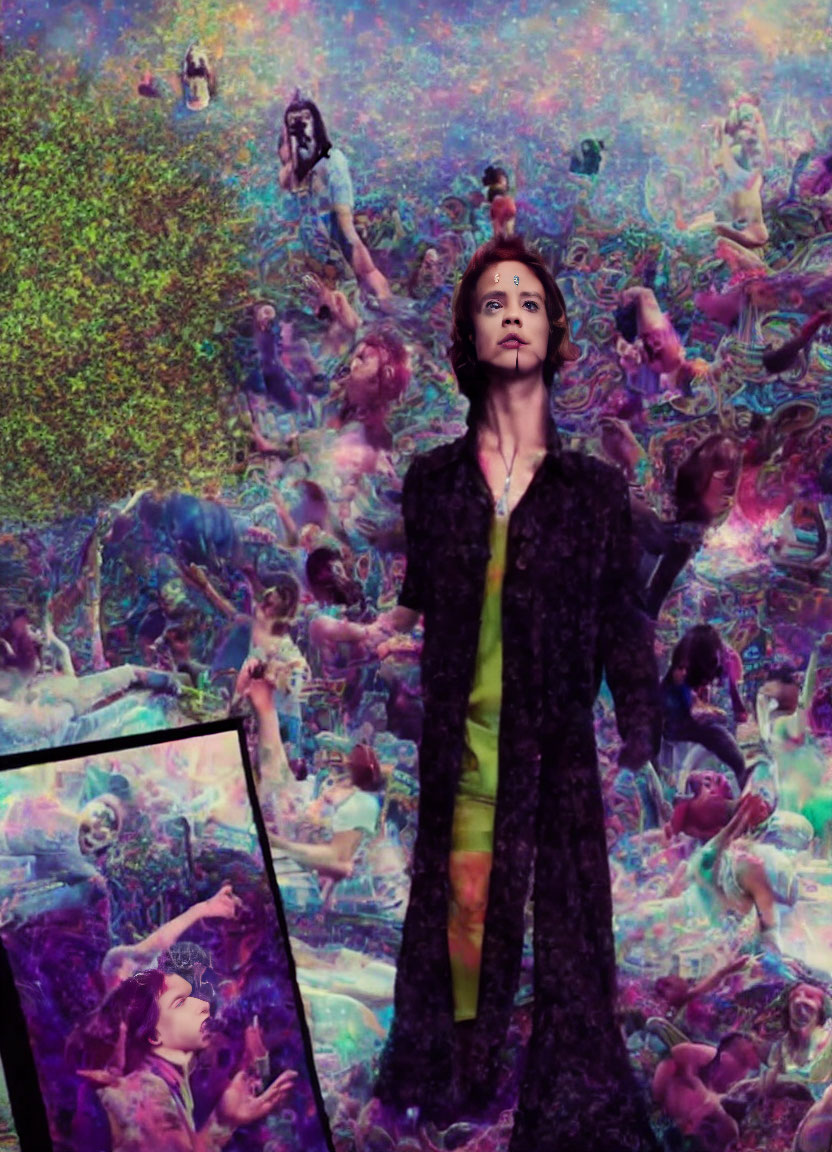 Colorful surreal backdrop with numerous figures in various poses