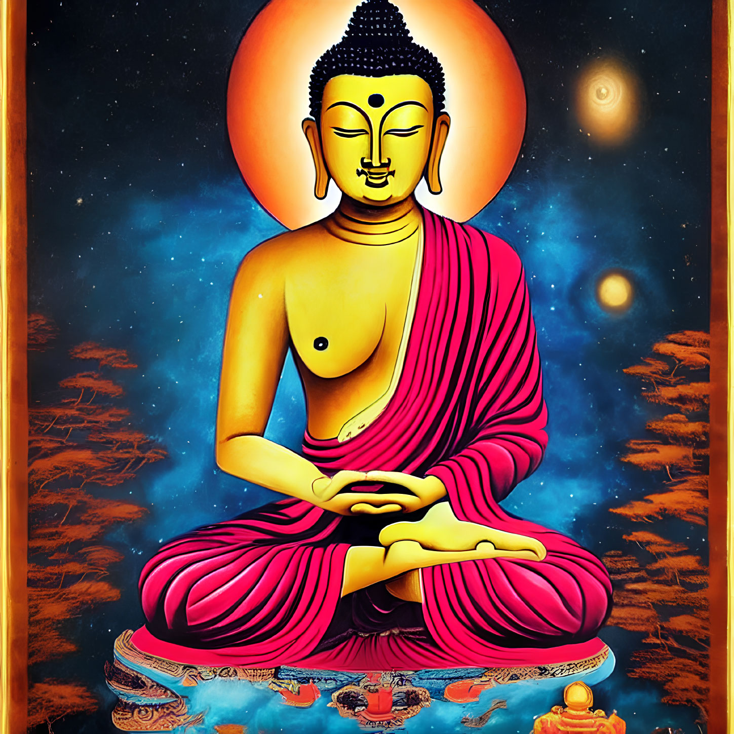 Colorful Buddha Meditation Painting with Cosmic Background
