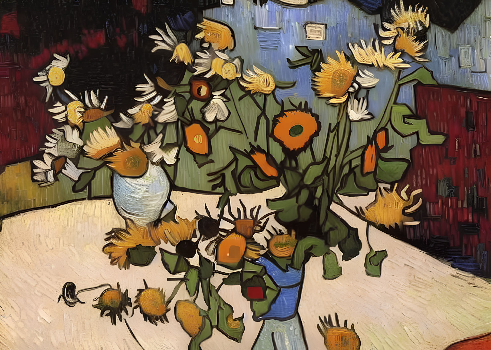 Post-Impressionist Painting: Sunflowers in Vase on Dark Background