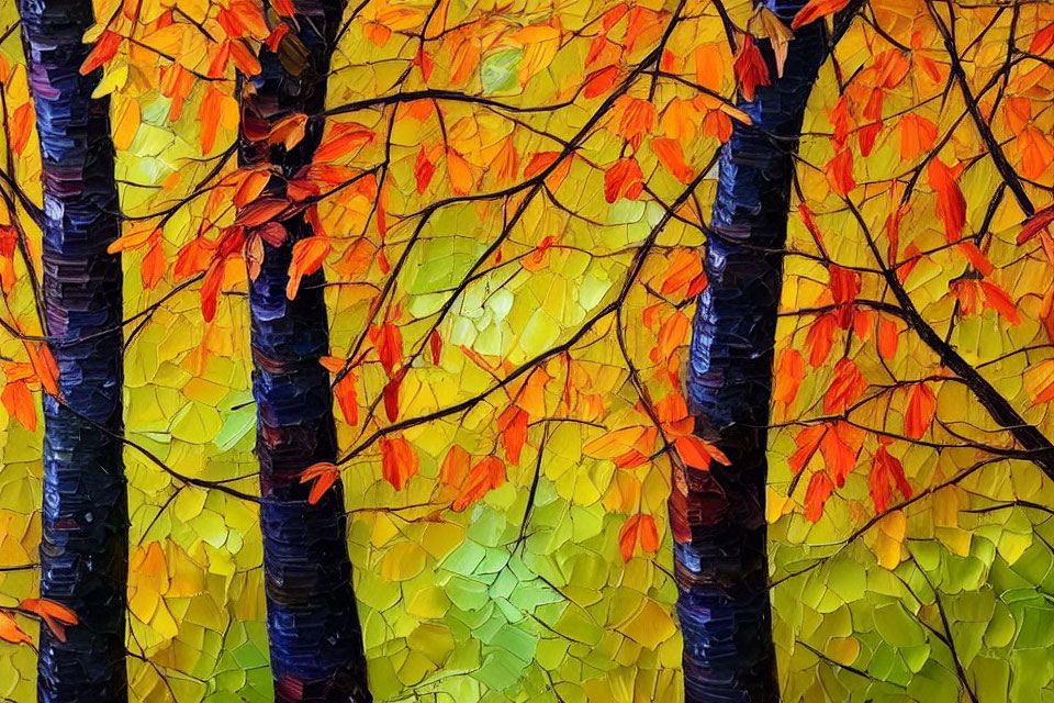Vibrant mosaic artwork of orange leaf trees on yellow background
