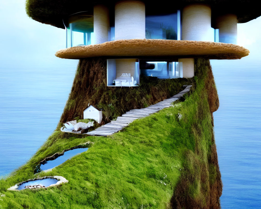 Mushroom-shaped house on cliff with cottage by pond