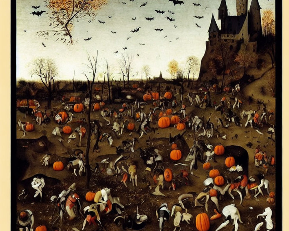 Surreal autumn scene with humanoid figures, pumpkin heads, animals, and castle.