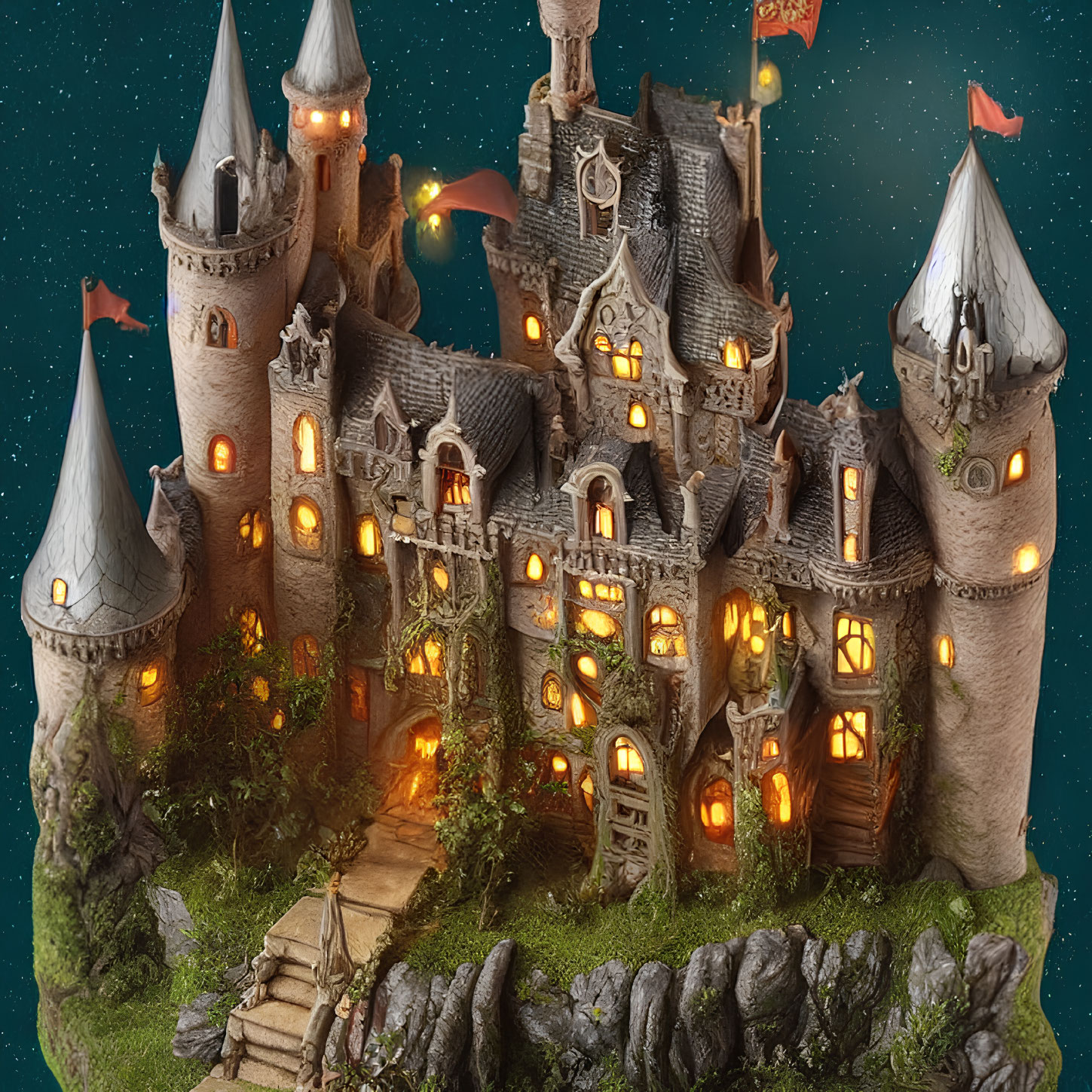 Detailed Fantasy Castle on Rocky Peak with Glowing Windows and Floating Lanterns