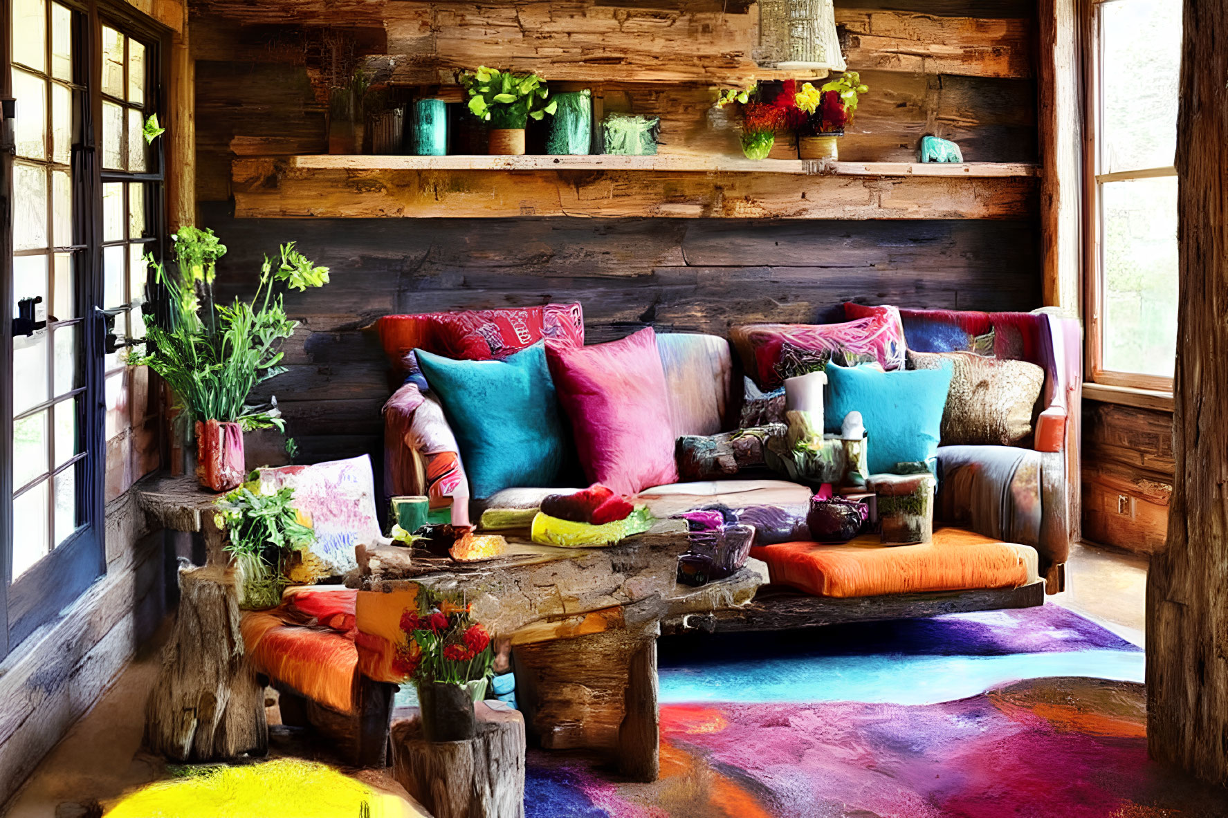 Rustic interior with colorful cushions, wooden bench, rugs, coffee table, and bright flowers