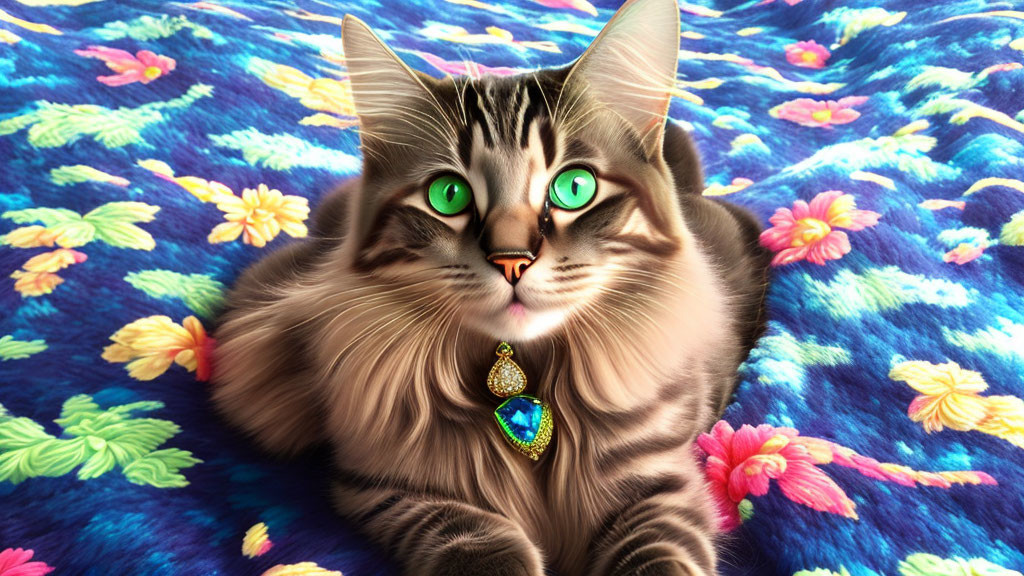 Fluffy tabby cat with emerald eyes and jewel pendant on floral cloth