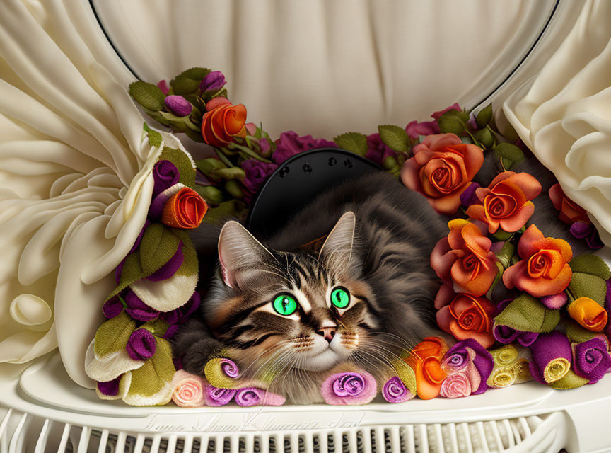 Tabby Cat with Green Eyes in White Structure Among Colorful Fabric Flowers