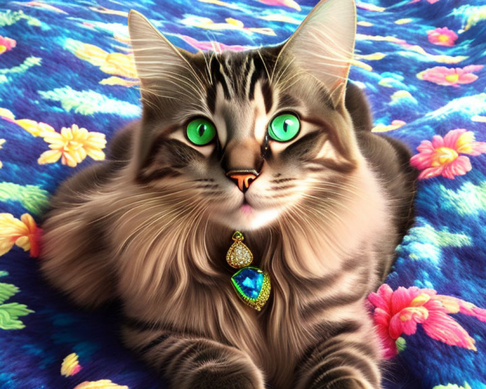 Fluffy tabby cat with emerald eyes and jewel pendant on floral cloth