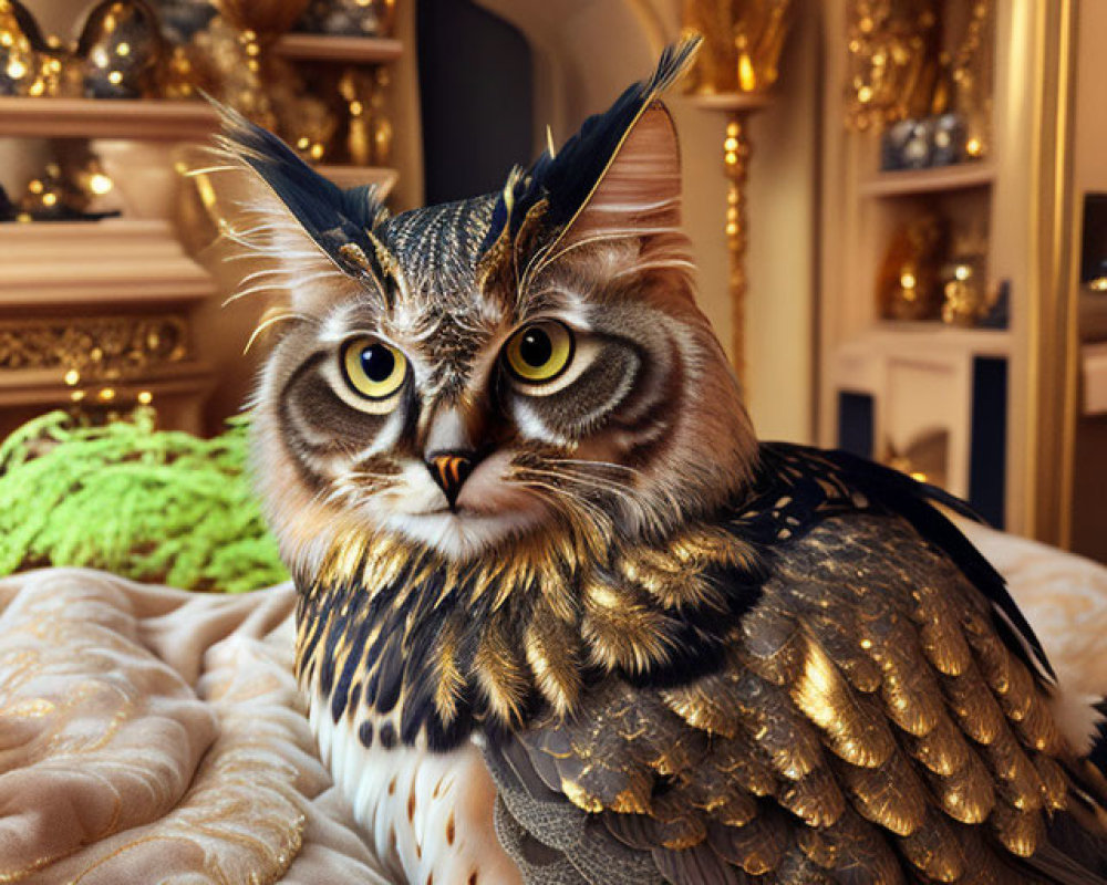 Golden-brown owl in luxurious room with gold accents