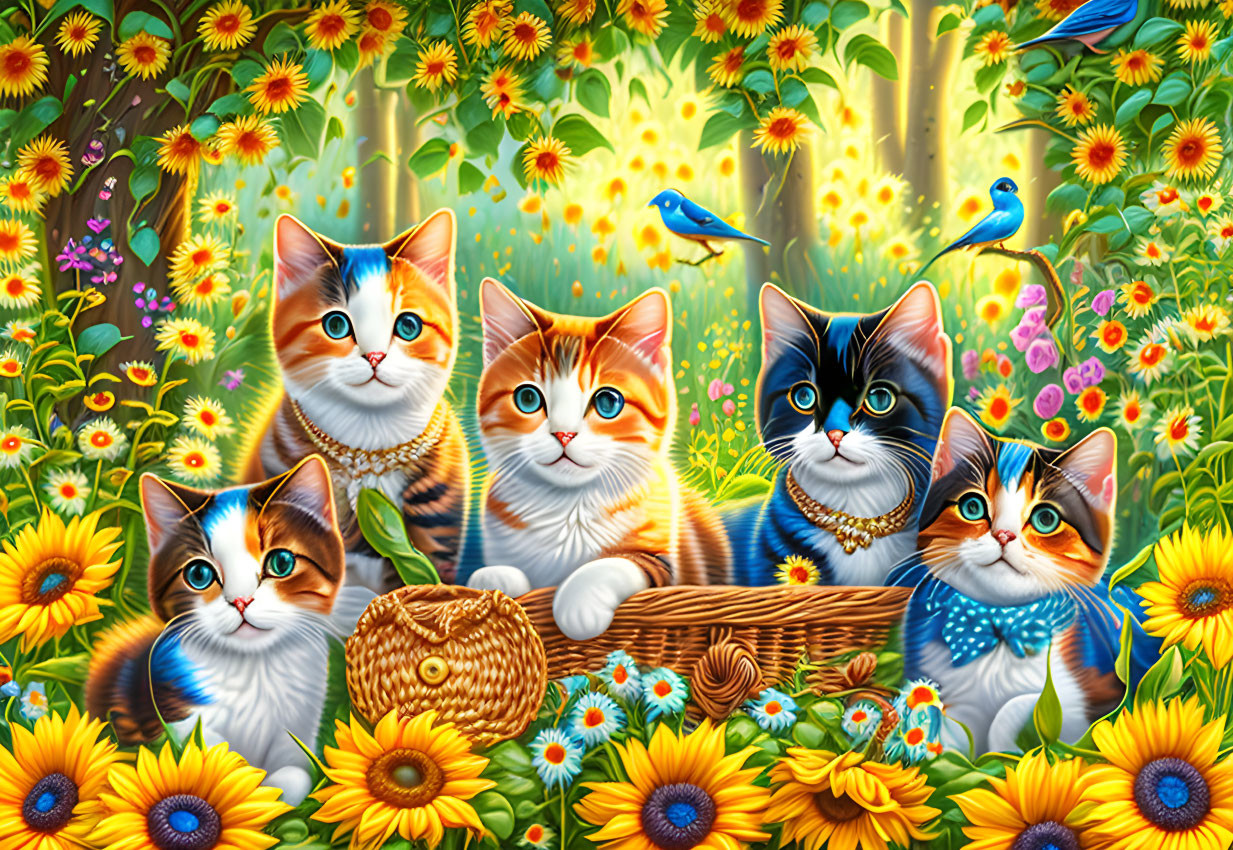Five cartoon cats in colorful garden with sunflowers, birds, and butterflies