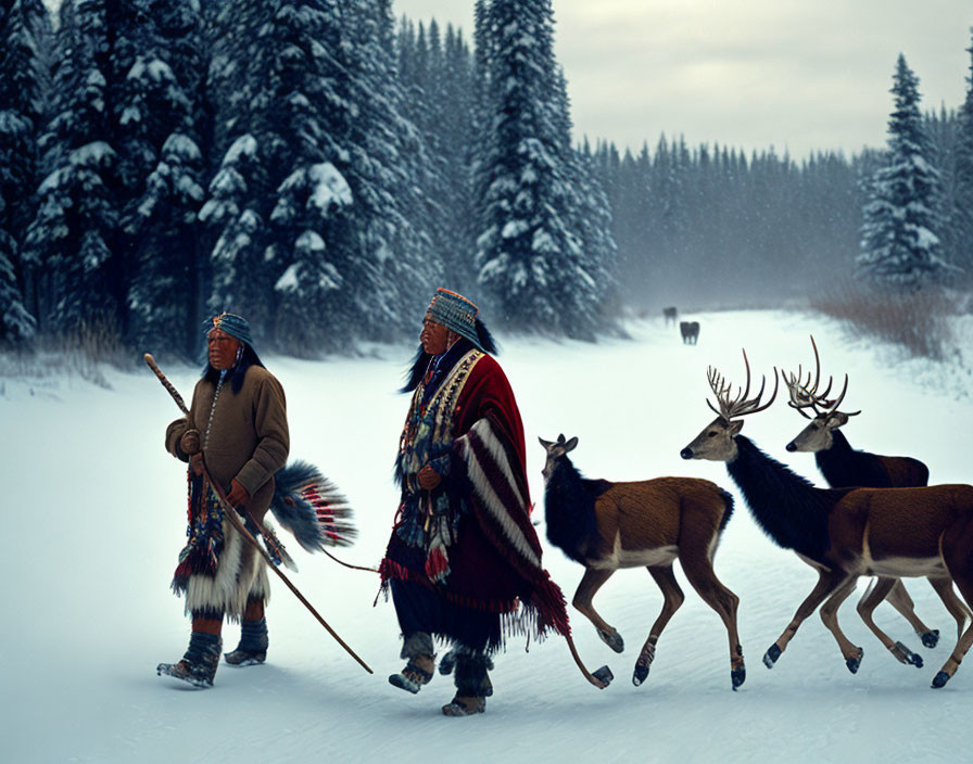 Traditional attired individuals with reindeer on snowy forest path