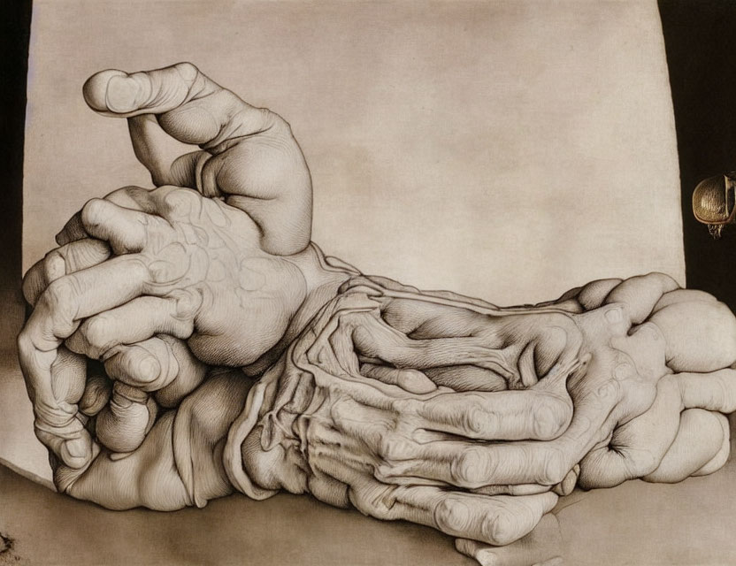 Detailed Sketch of Two Hands Showing Depth and Dimension