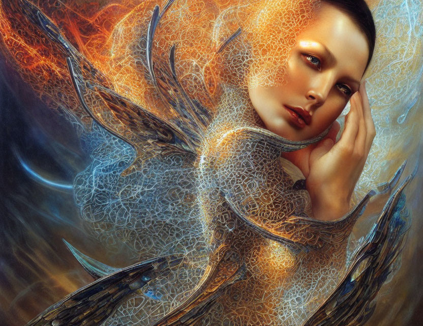 Fantastical portrait of a woman with ornate, luminescent patterns and ethereal, glowing