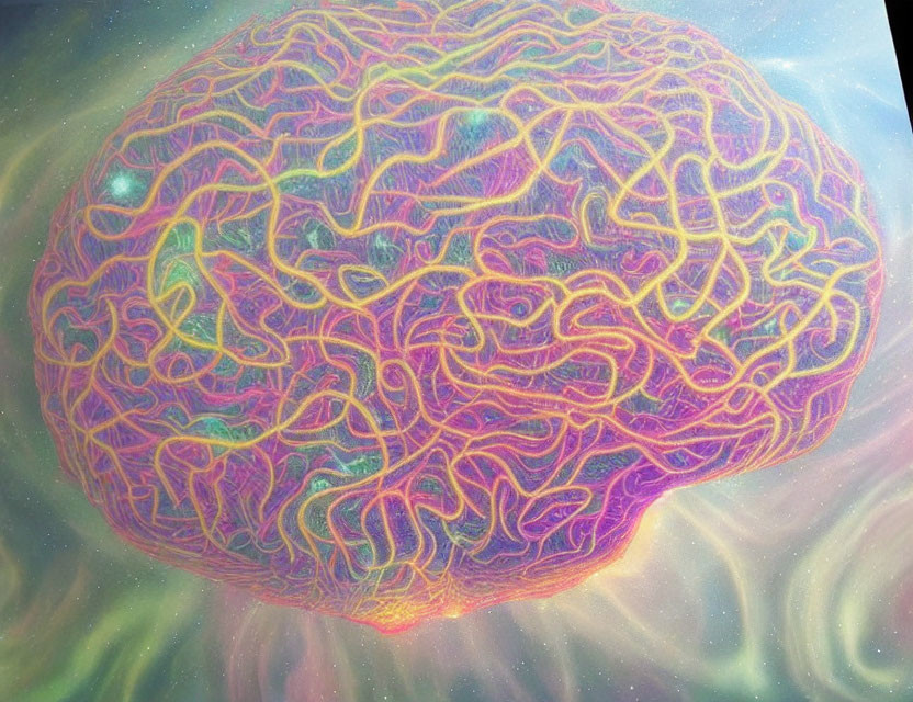 Colorful human brain painting on cosmic backdrop