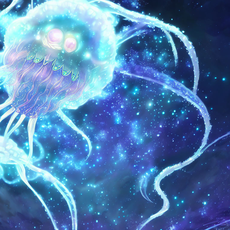 Ethereal jellyfish with long tentacles in cosmic ocean