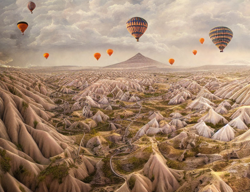 Rocky valley landscape with mountain and hot air balloons under cloudy sky