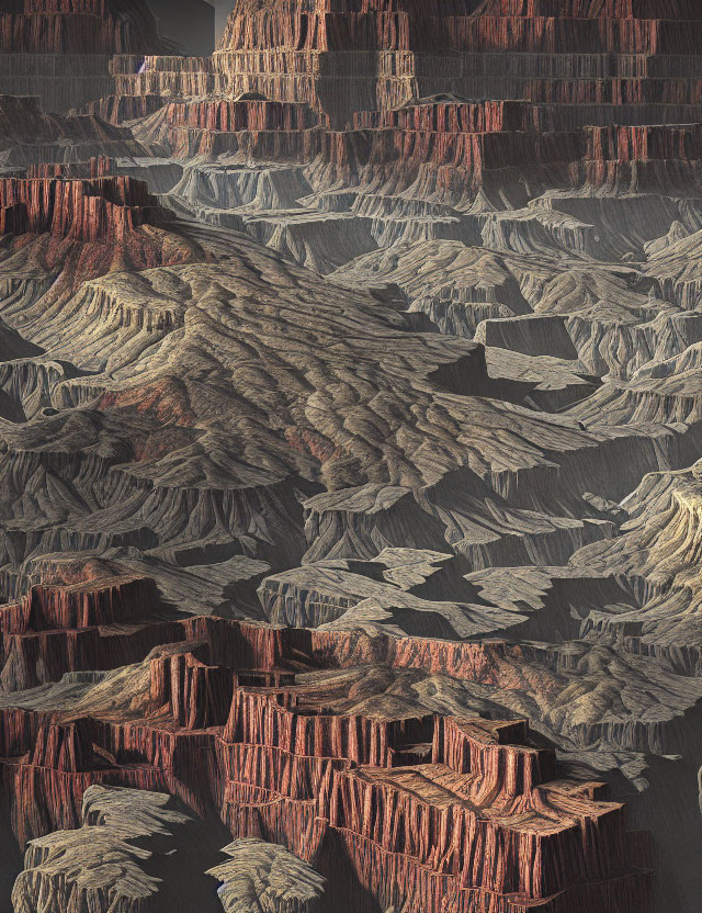 Detailed 3D fractal landscape of terraced rock formations in earthy tones