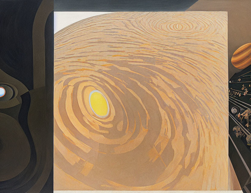 Swirling warm-toned abstract painting with yellow center and dashboard controls.