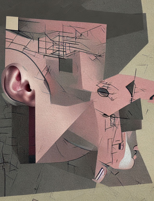 Abstract Cubist Artwork Featuring Fragmented Human Face in Muted Colors