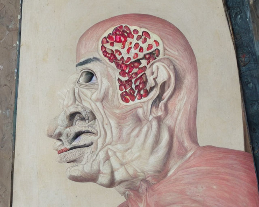 Detailed Anatomical Drawing of Human Head Profile with Muscles and Brain Cutaway