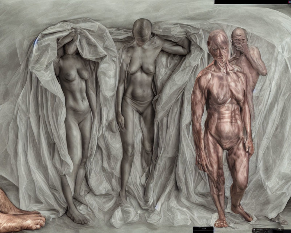 Realistic Human Figure Art Installation with Draped Fabric Transformation