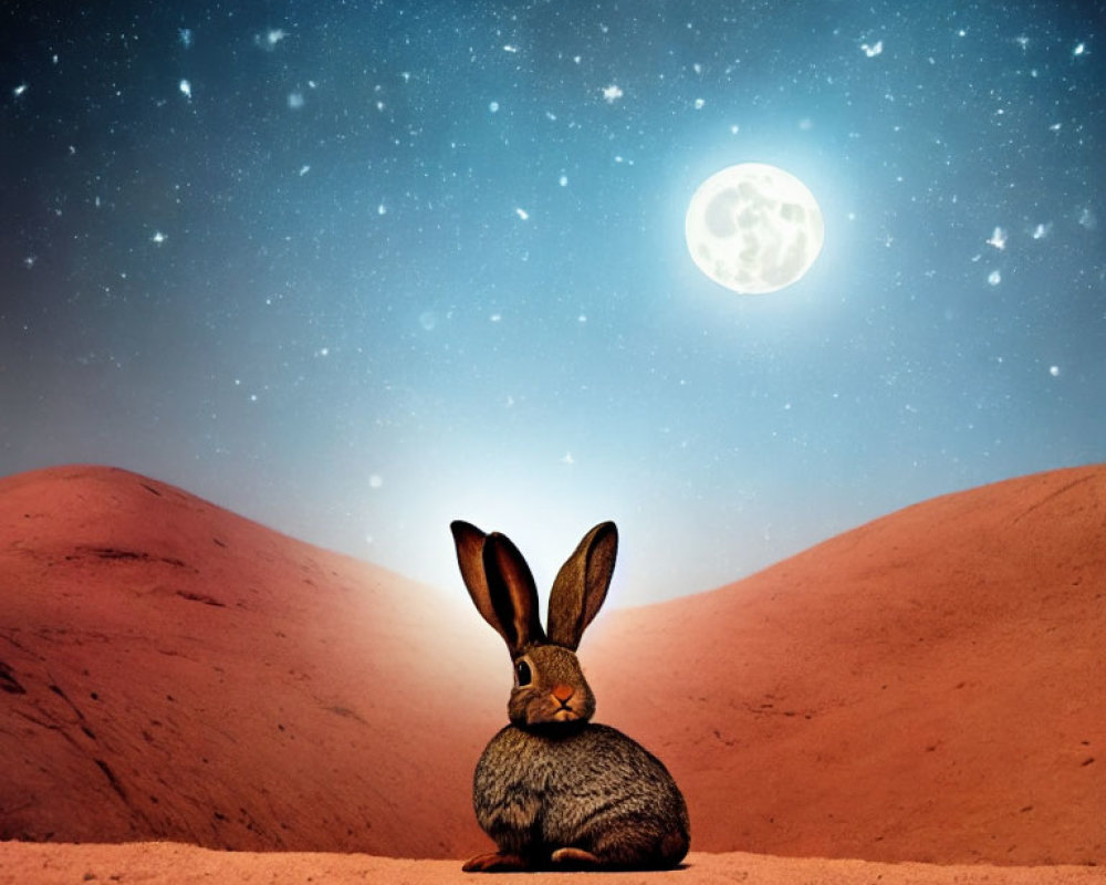 Rabbit on barren landscape under starry sky with full moon