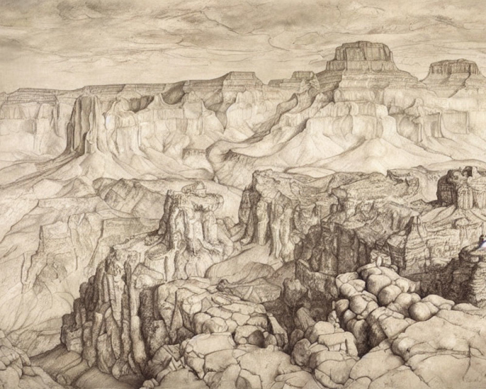 Detailed pencil drawing of vast rugged canyon landscape