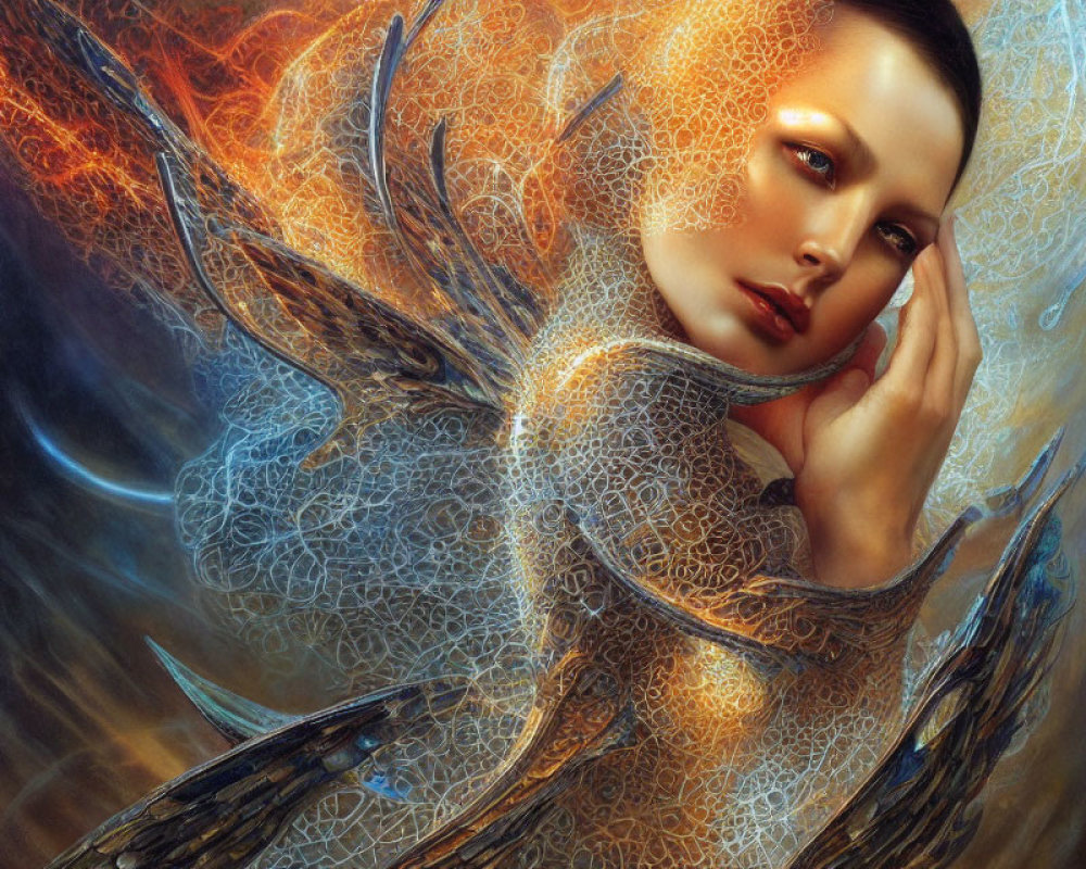 Fantastical portrait of a woman with ornate, luminescent patterns and ethereal, glowing