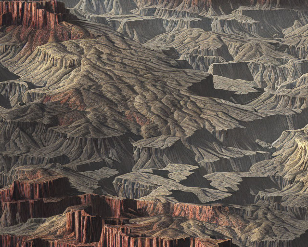 Detailed 3D fractal landscape of terraced rock formations in earthy tones