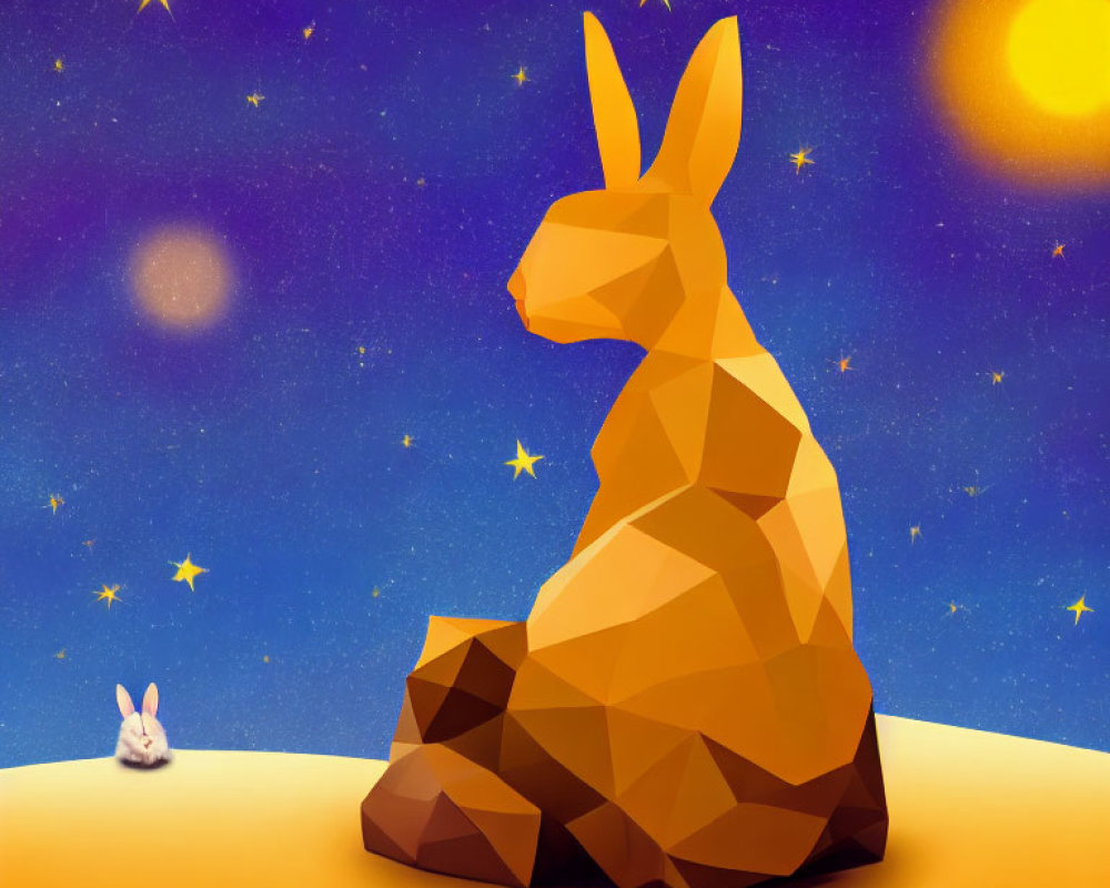 Geometric rabbit sculpture with smaller rabbit on orange hill