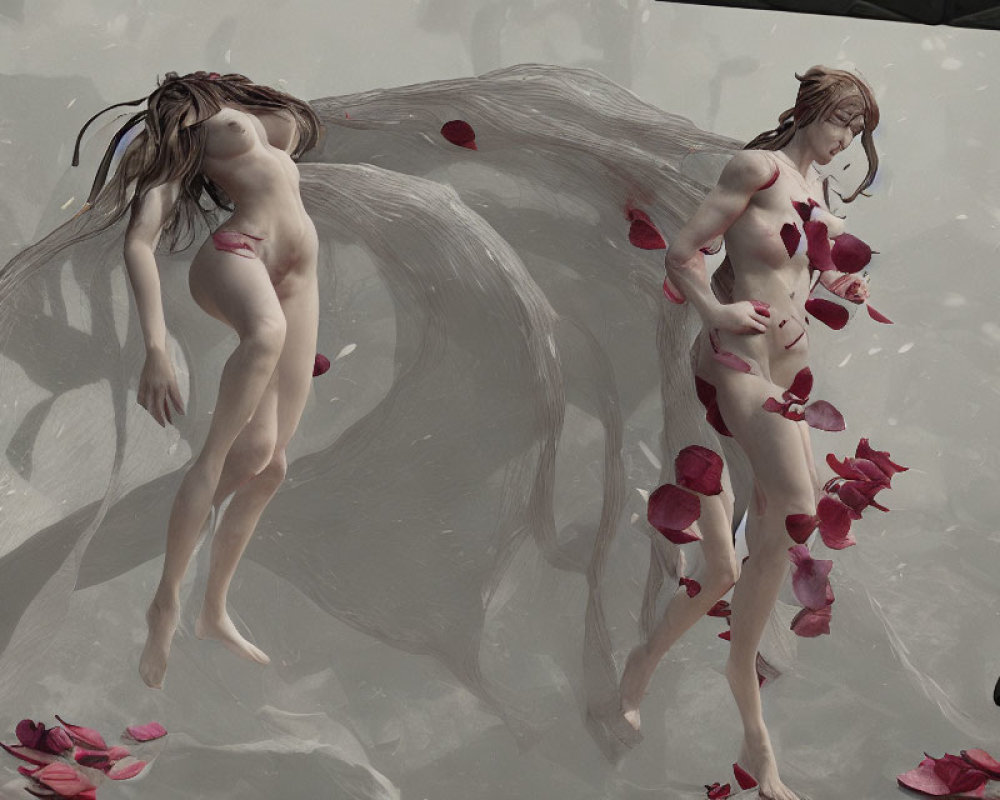 Stylized figures in monochrome landscape with falling red petals