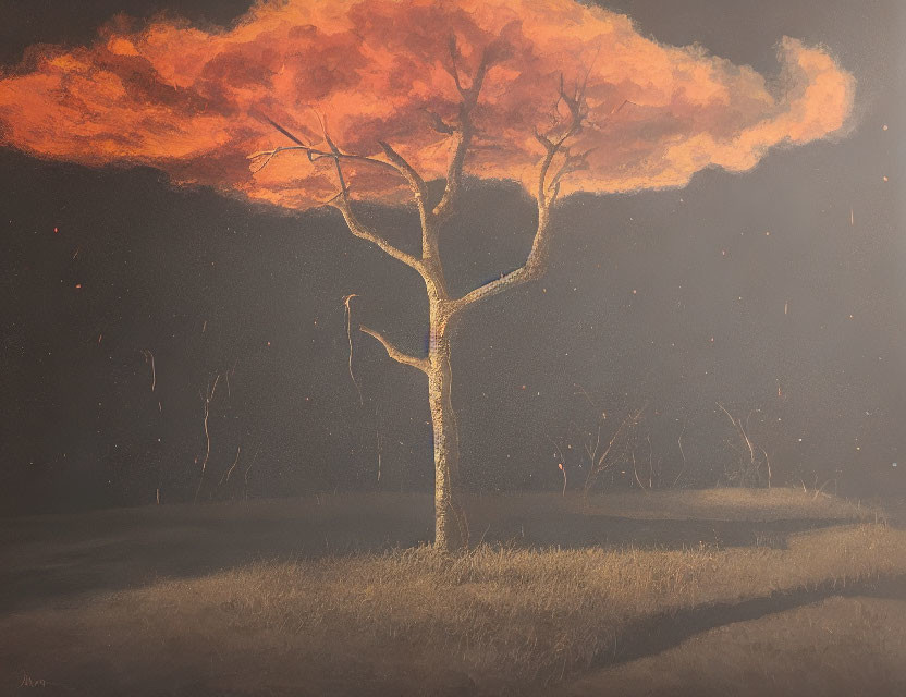 Lone tree in fiery orange sky with embers and darkened landscape