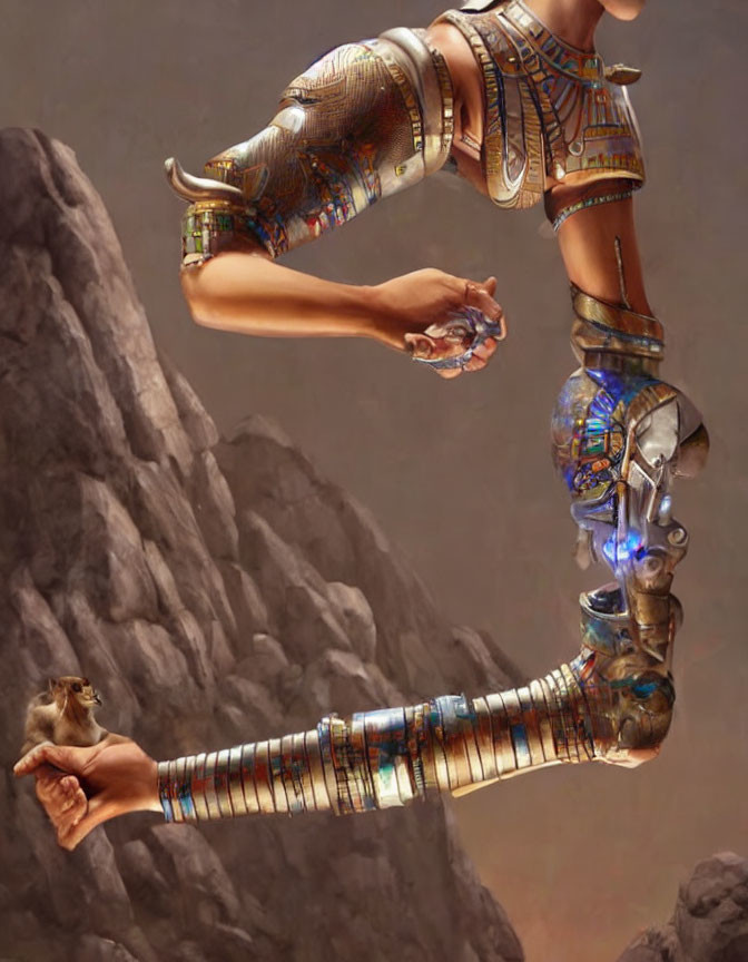 Cybernetic Egyptian-style limbs suspended against rocky backdrop