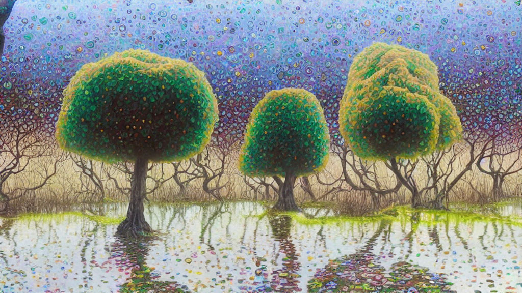Stylized trees with round canopies reflected in water on vibrant backdrop