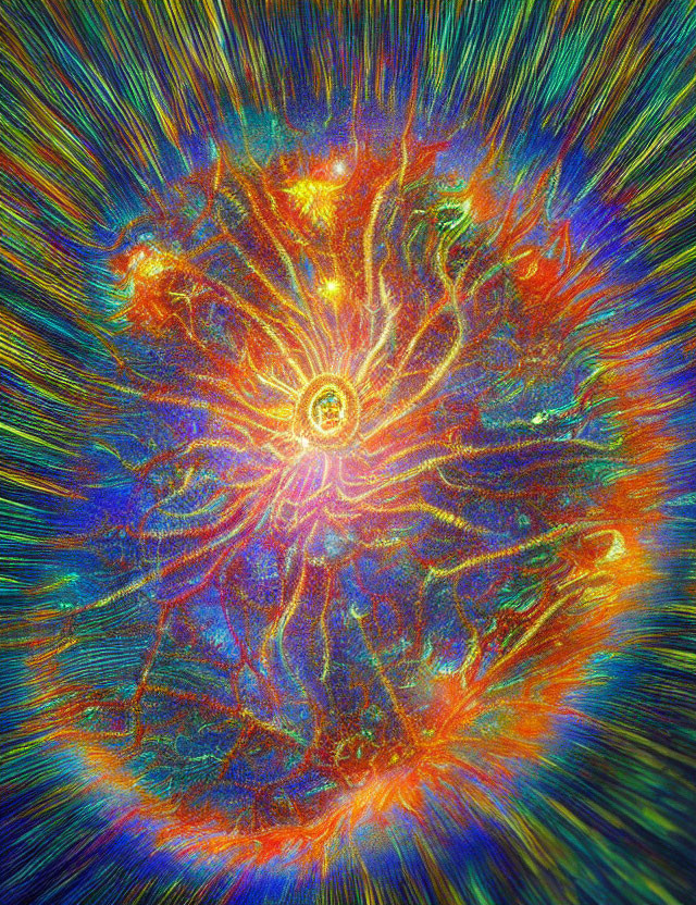 Colorful Psychedelic Sun with Radiating Beams on Patterned Background