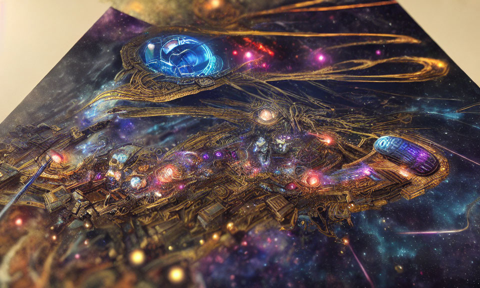 Detailed celestial spaceship with ornate designs in starry space