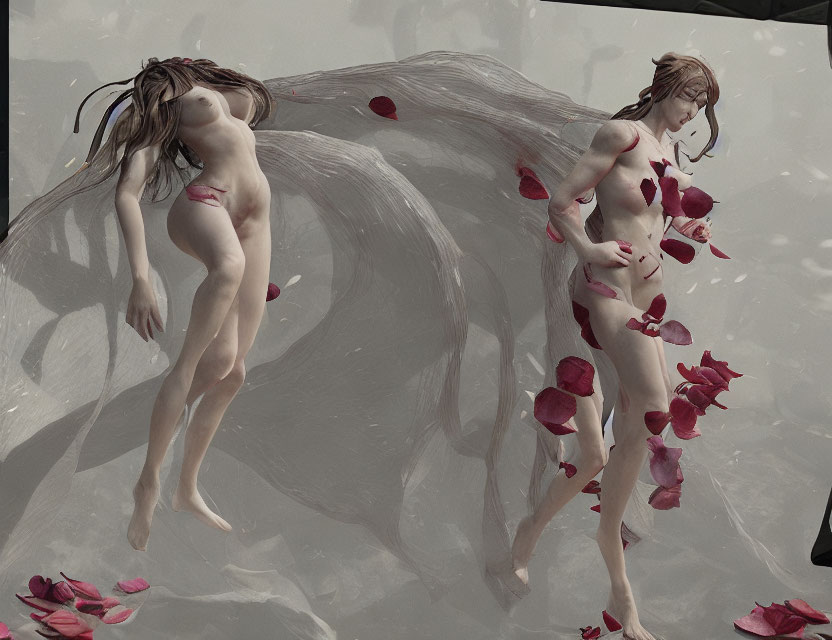 Stylized figures in monochrome landscape with falling red petals