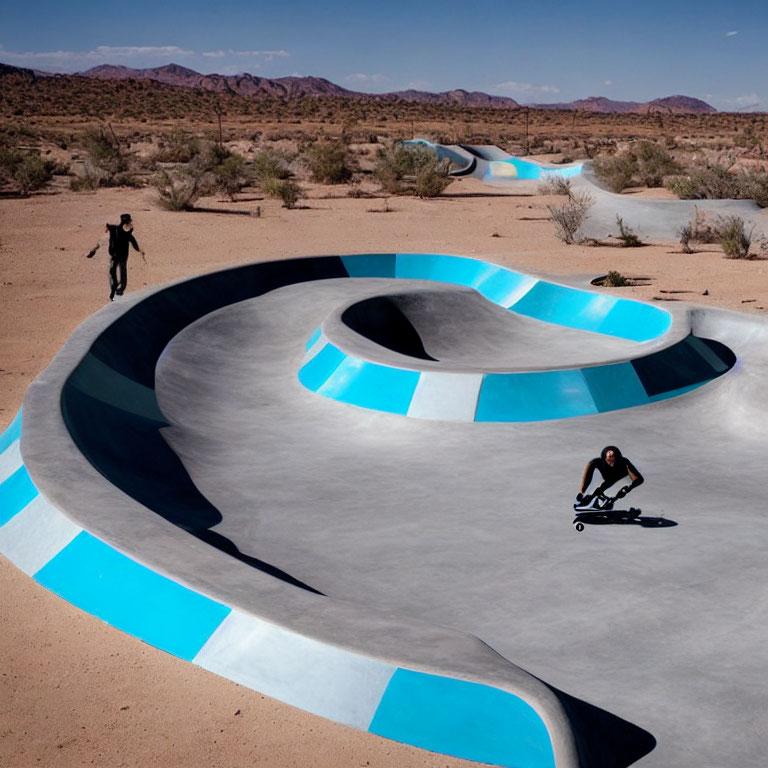 Skateboarder on winding blue-striped concrete track in desert landscape