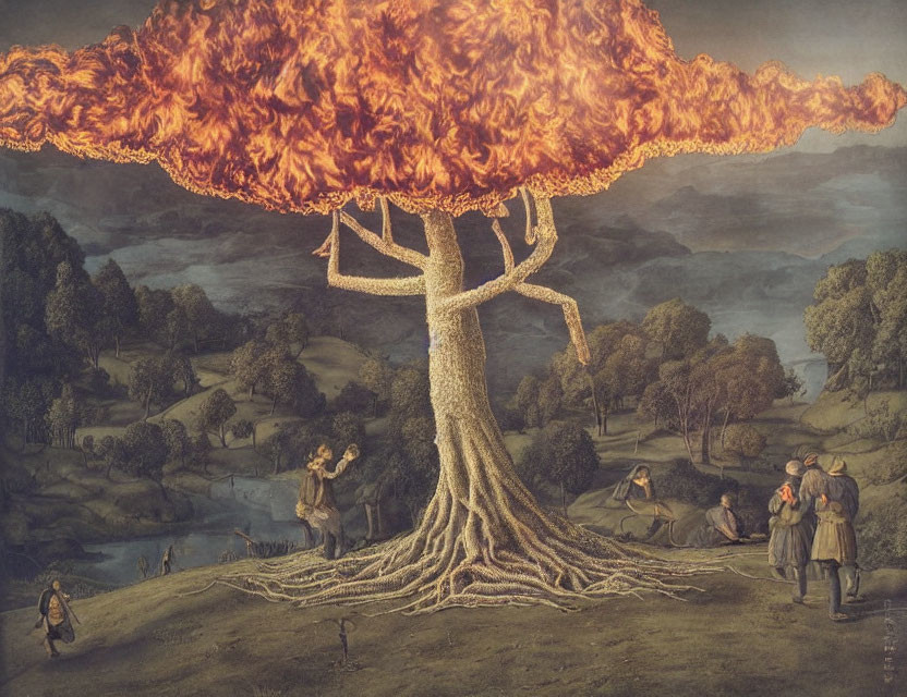 Surreal illustration of giant flaming tree with people in archaic clothing