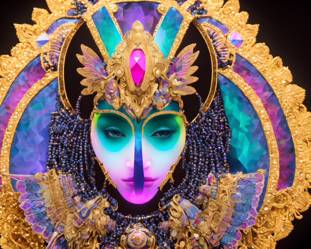 Colorful gem-encrusted mask with iridescent wings and golden ornate designs on dark
