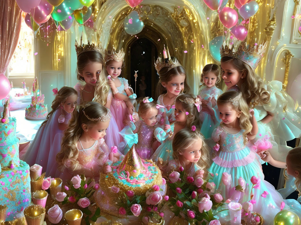 Young girls in princess attire at fancy birthday party with pink decorations