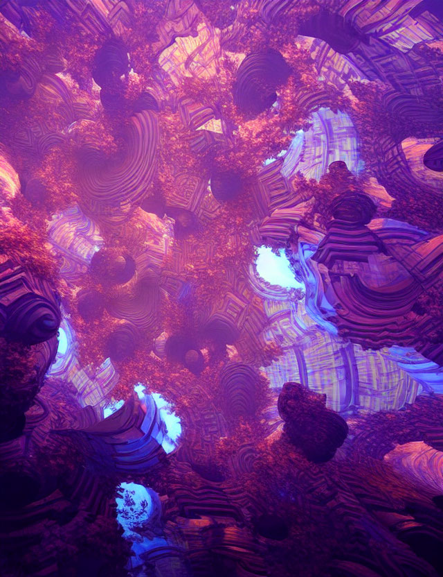 Psychedelic fractal landscape with swirling blue, purple, and brown patterns