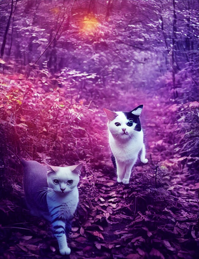Mystical Purple Forest with Two Cats and Warm Light