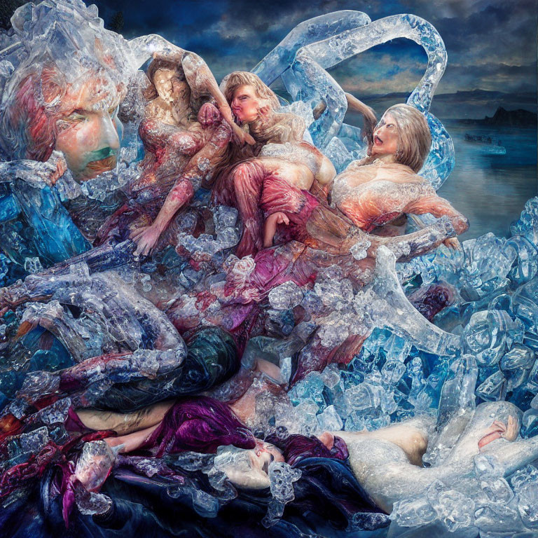 Surrealist artwork: Figures intertwined with ice-like structures in dramatic sky and sea.