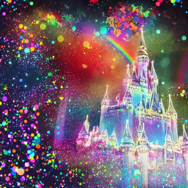 Vibrant Fairytale Castle Image with Rainbow and Sparkles