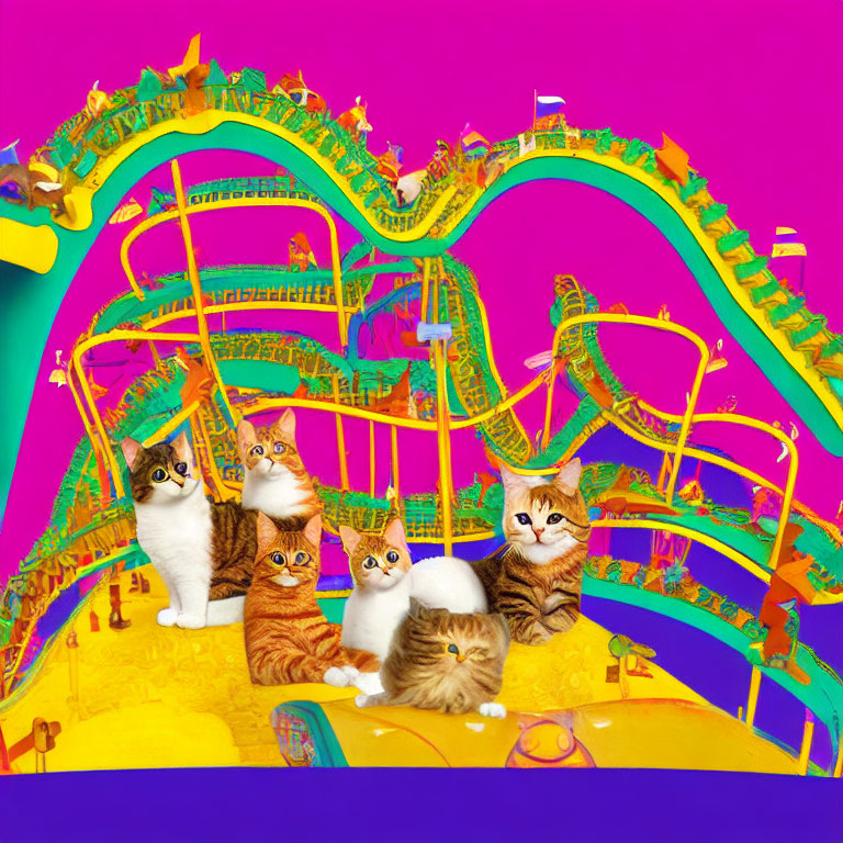 Colorful digital collage: Five cats with enlarged heads in whimsical theme park.