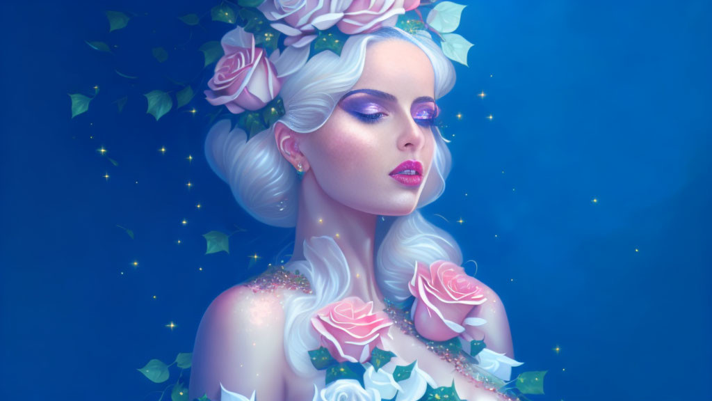 Ethereal woman with crown of roses and stars on blue background