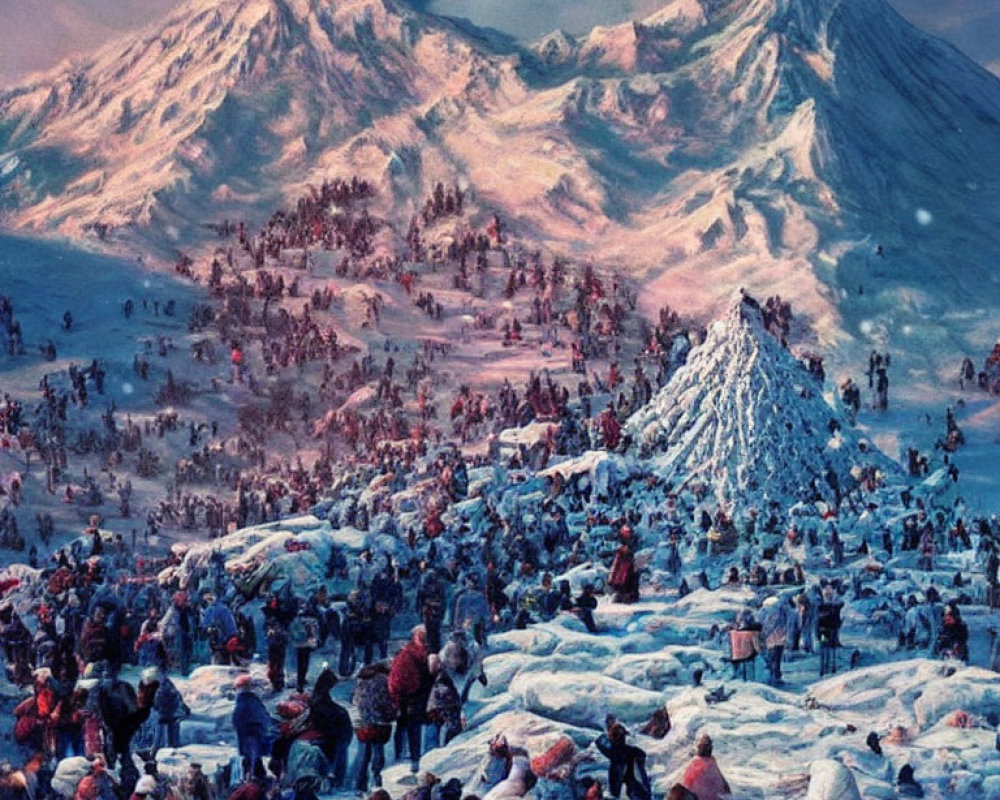 Medieval Winter Scene with Snowy Mountains and Activities