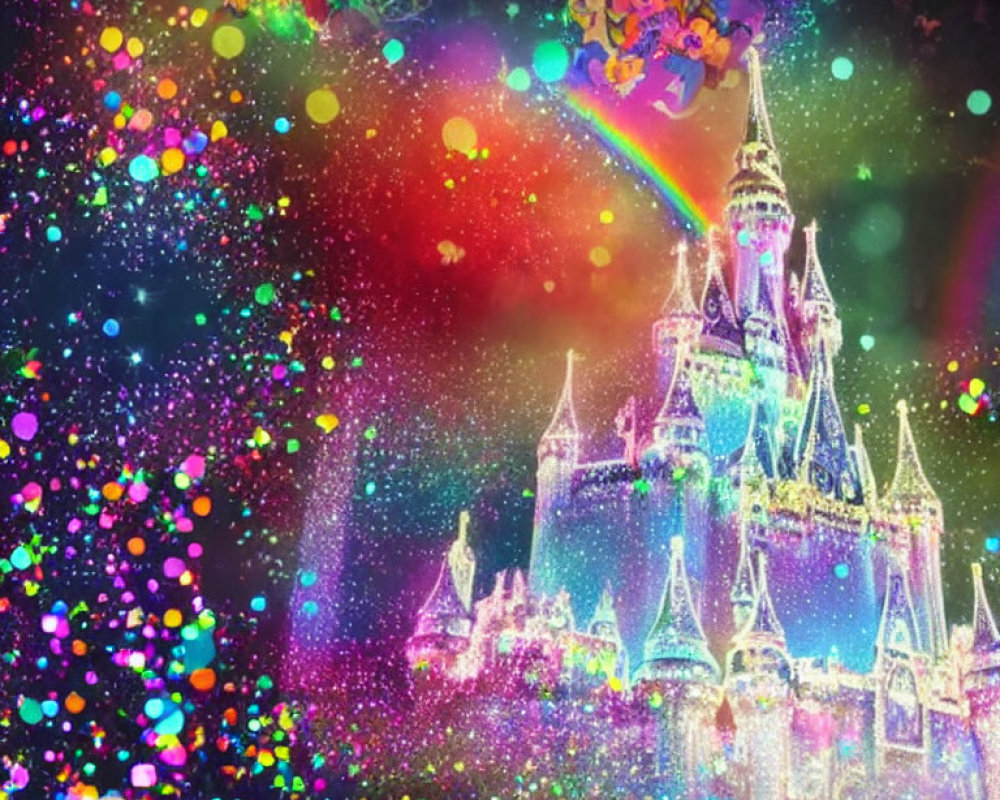 Vibrant Fairytale Castle Image with Rainbow and Sparkles