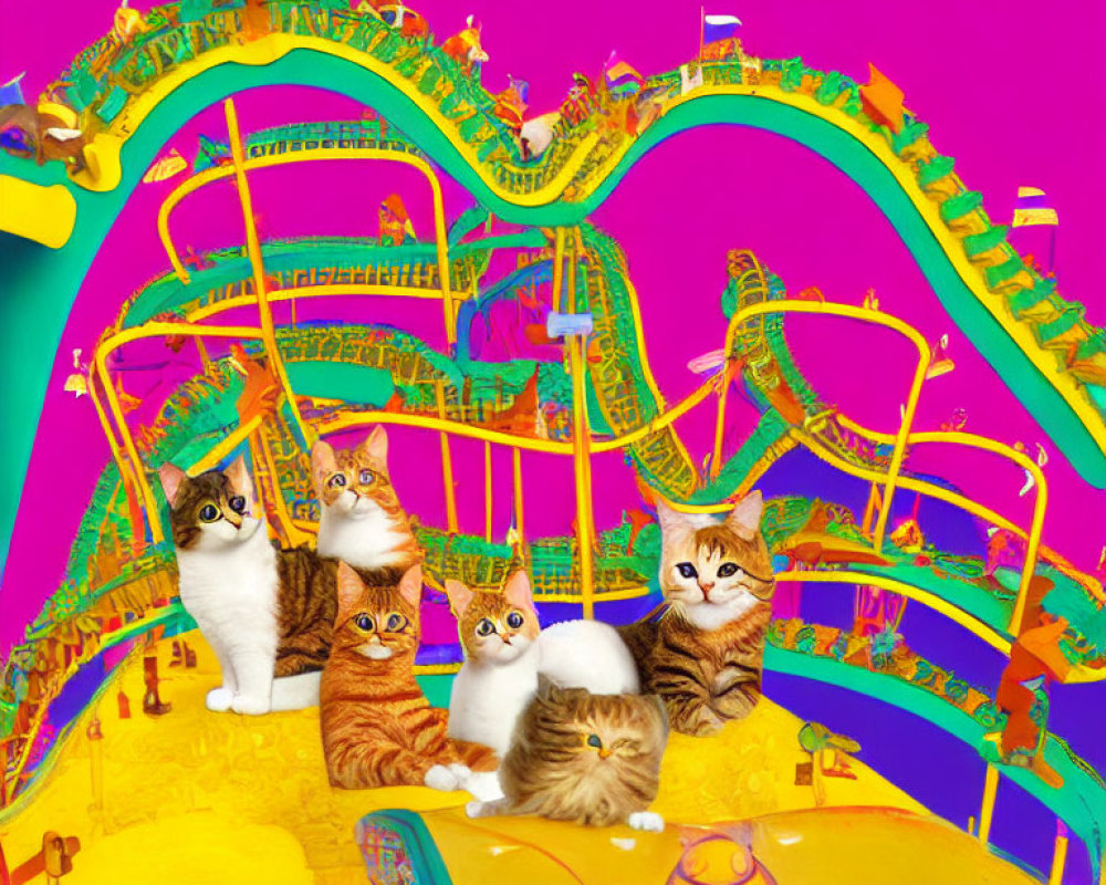 Colorful digital collage: Five cats with enlarged heads in whimsical theme park.