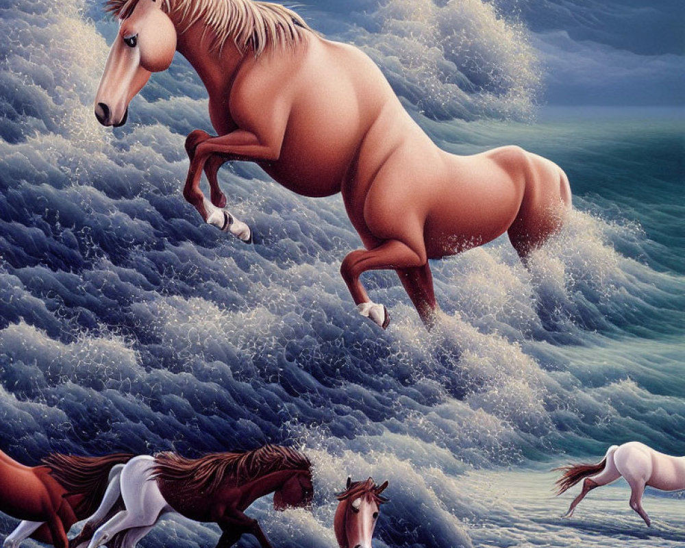 Surreal painting of horses merging with ocean waves under stormy sky